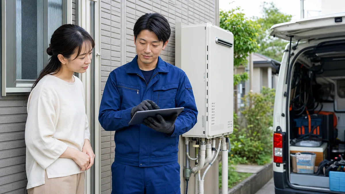 給湯器回収の見積項目をタブレットで確認する利用者とスタッフ