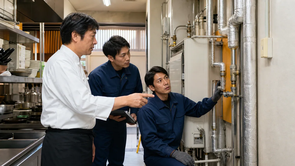 店舗厨房で業務用給湯器の停止範囲を確認する担当者