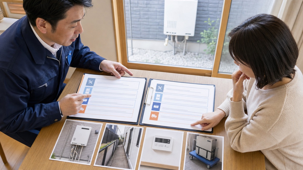 給湯器の写真と見積書を使って回収業者の作業範囲を比較するイメージ
