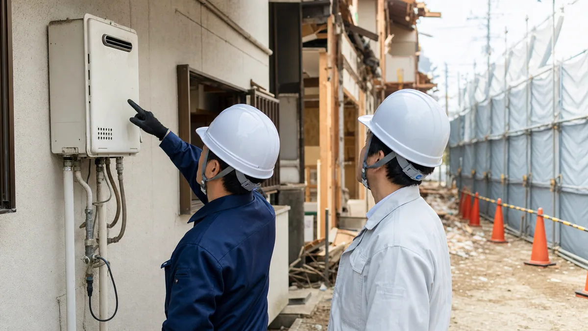 建物解体前に屋外給湯器と配管を確認する作業担当者