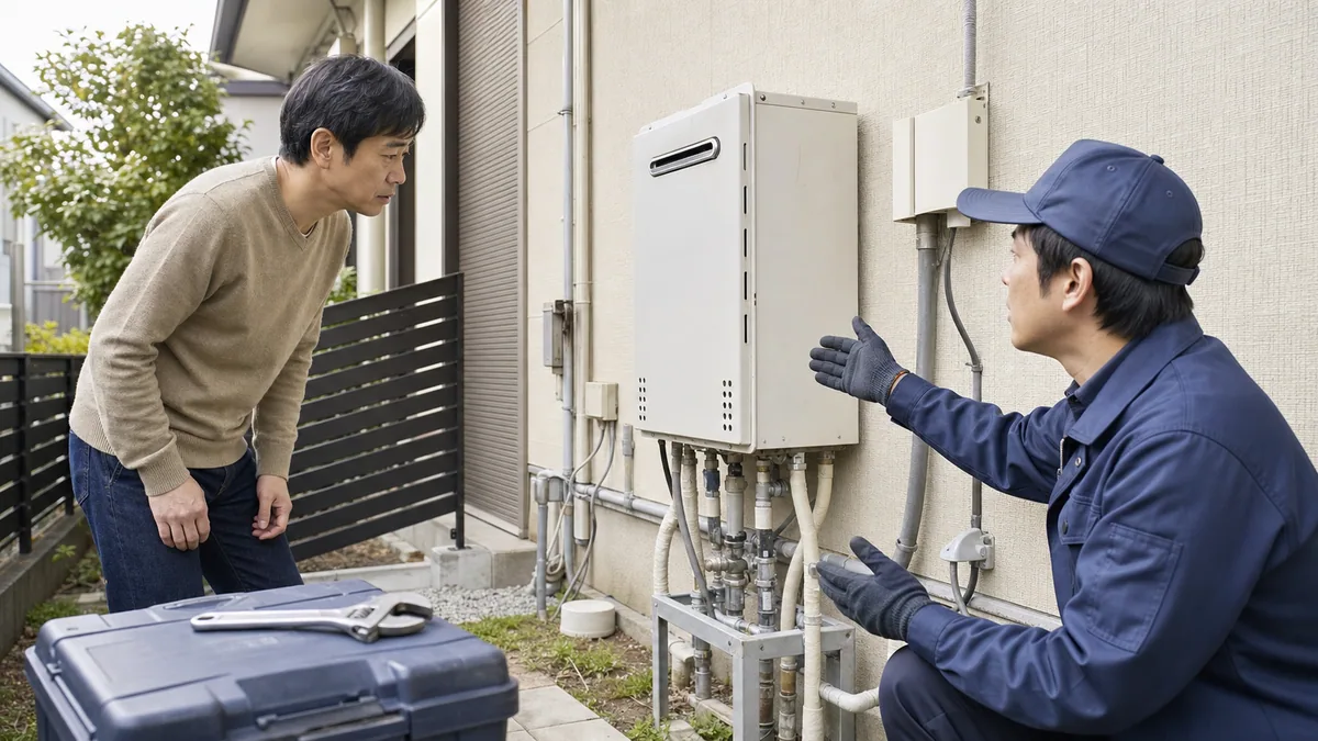工具を置いて給湯器の取り外しを専門スタッフへ相談する様子
