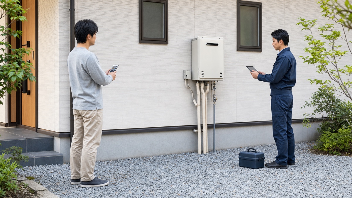 屋外給湯器から距離を取り、利用者と専門担当者が写真とタブレットで状態を確認する様子