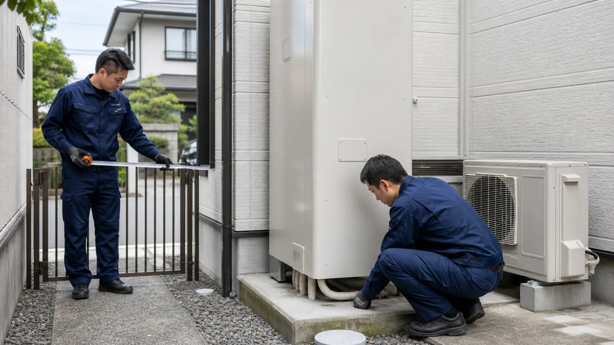 エコキュートの貯湯タンクと搬出経路を確認するスタッフ