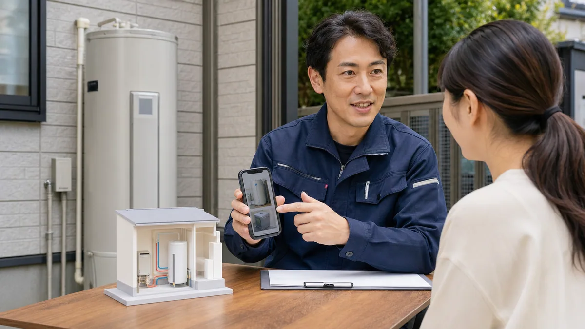 給湯器の写真を見ながら回収相談の疑問を確認する様子
