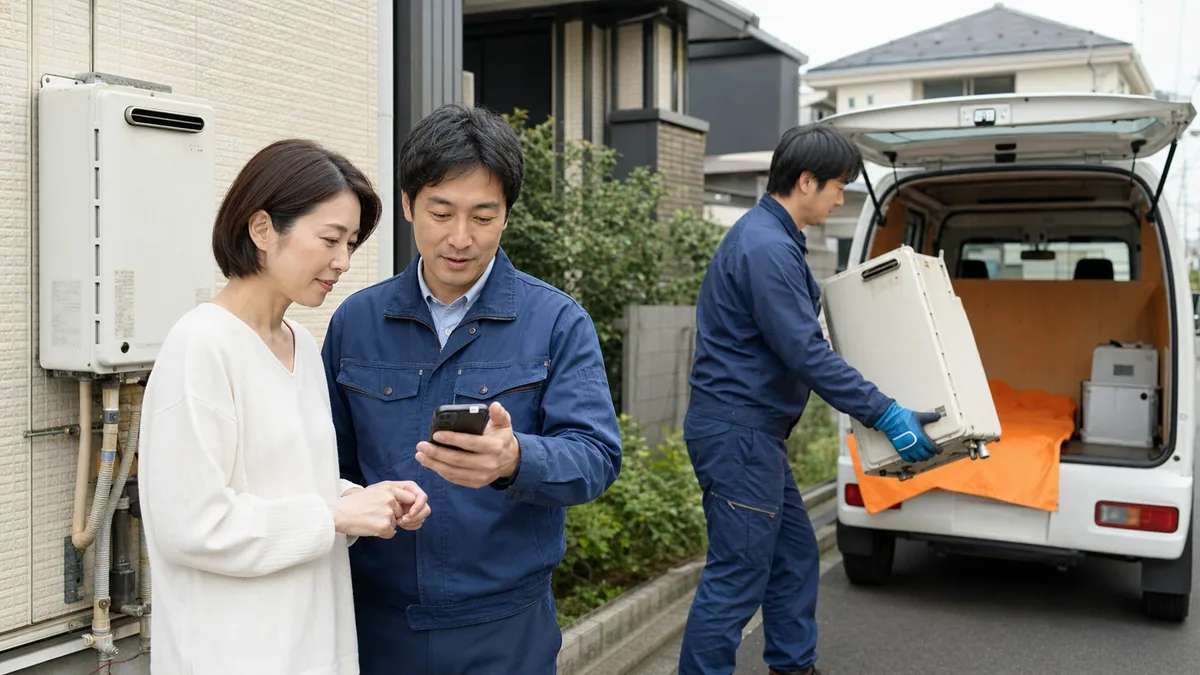 給湯器の写真相談から回収車への積み込みまでを確認する様子