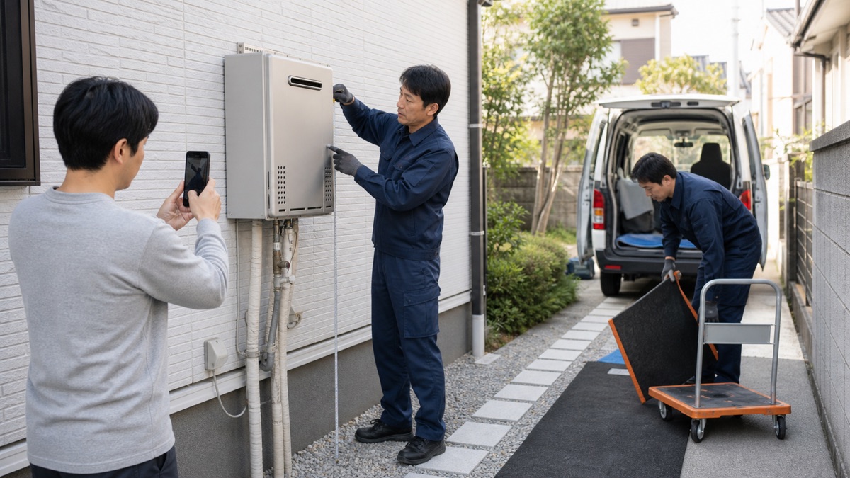 給湯器本体を撮影し搬出経路と回収準備を確認する様子