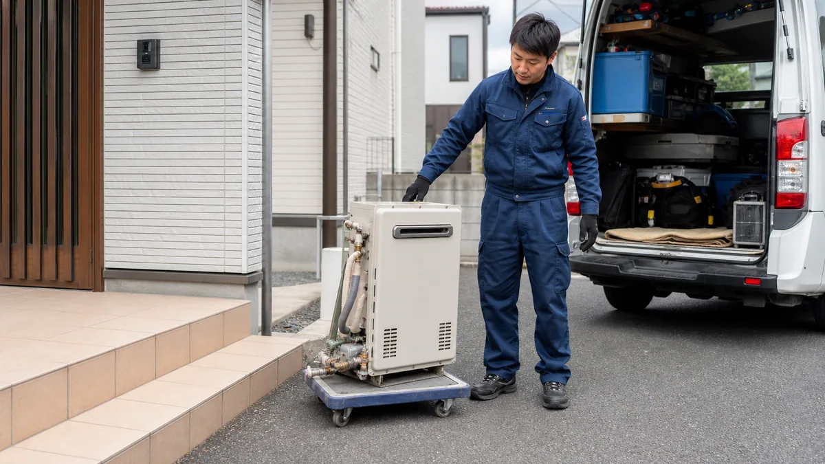 取り外し済み給湯器の搬出条件をスタッフが確認する様子