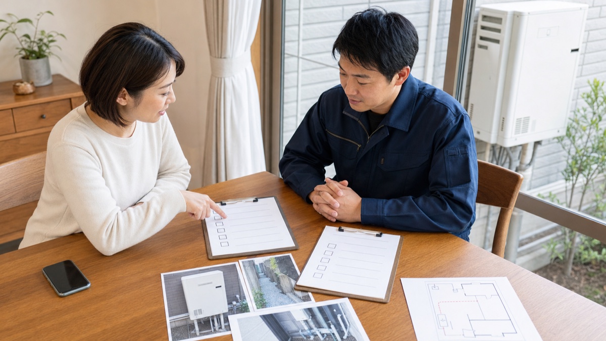 給湯器の写真と作業確認表を使い、利用者と専門担当者が接続処理の範囲を確認する様子