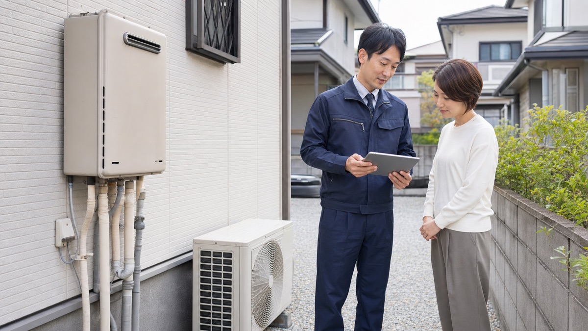 住宅の給湯器とエアコンを前に撤去計画を確認する専門スタッフ