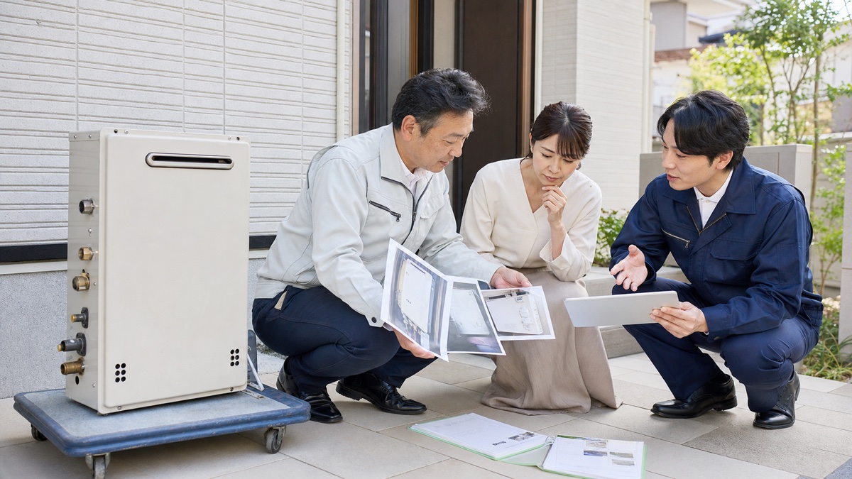 取り外し済み給湯器と写真・所有関係の資料を見ながら処分区分を確認する様子