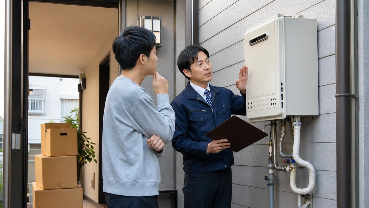 引っ越し荷物のある住居で給湯器の扱いを確認する様子