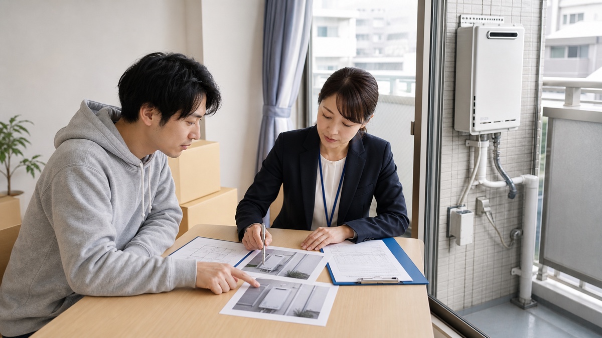 引っ越し前の部屋で入居者と管理担当者が給湯器写真と契約資料を確認する様子