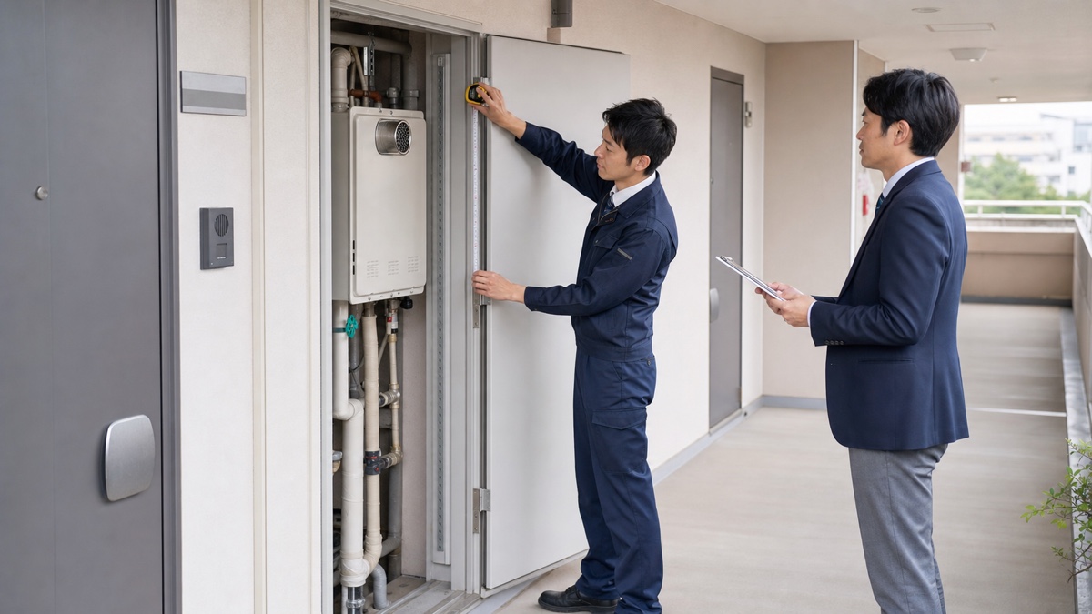 マンション共用廊下で専門担当者がPS扉寸法を測り、管理担当者が記録する様子