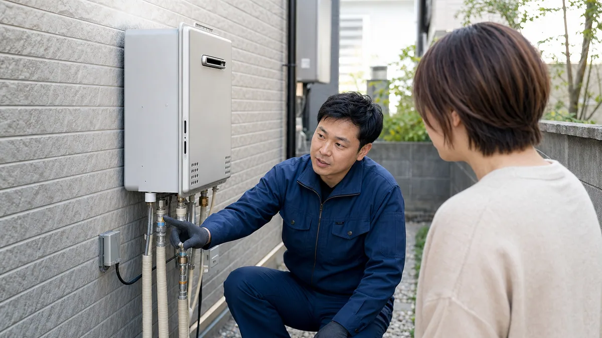 給湯器の接続部を触らずに専門スタッフへ確認する様子