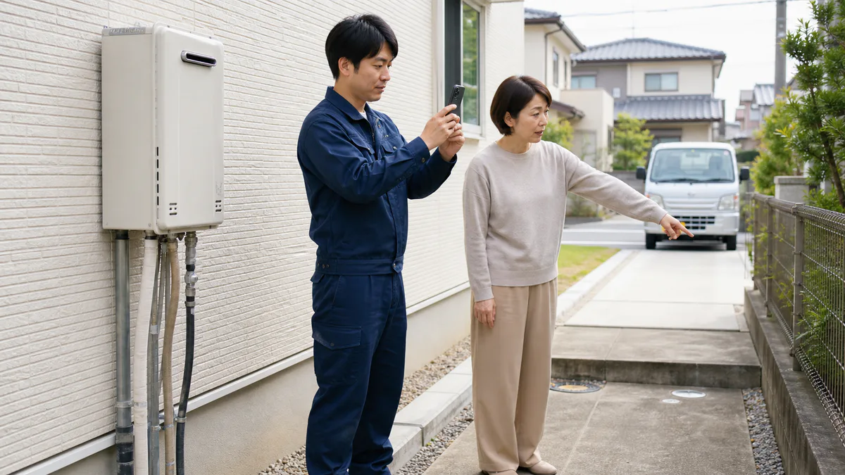 給湯器本体から車両位置までの搬出経路を写真で確認する様子