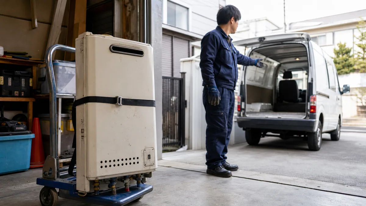 取り外し済みの古い給湯器を台車で回収する準備風景