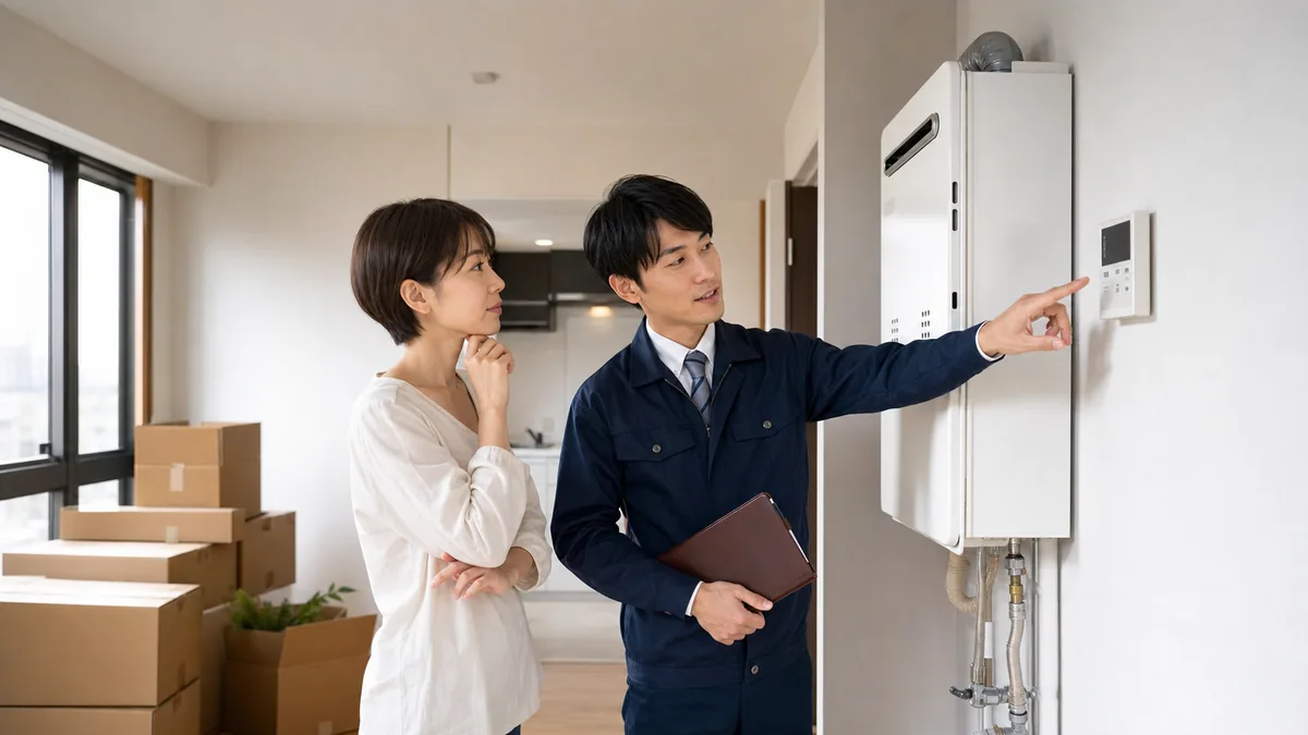退去前の空室で給湯器設備を管理担当者と確認する様子