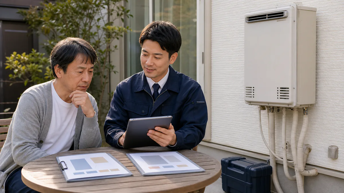 給湯器の修理内容と買い替え条件を専門スタッフと比較する様子