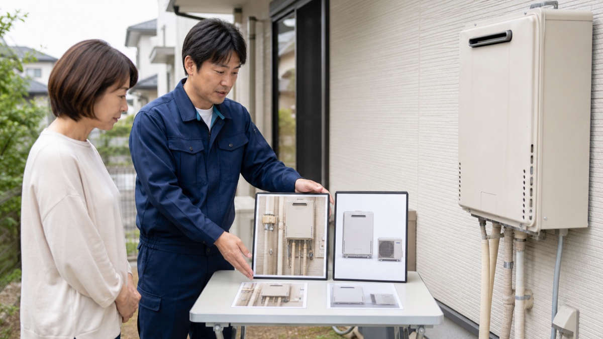 屋外給湯器の前で、利用者と点検担当者が修理案と交換案を比較する様子