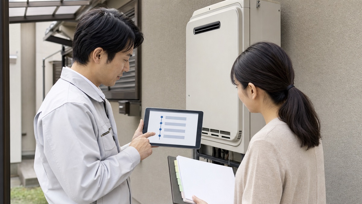 給湯器エラーの発生時刻・運転・再発間隔を点検担当者と整理する様子