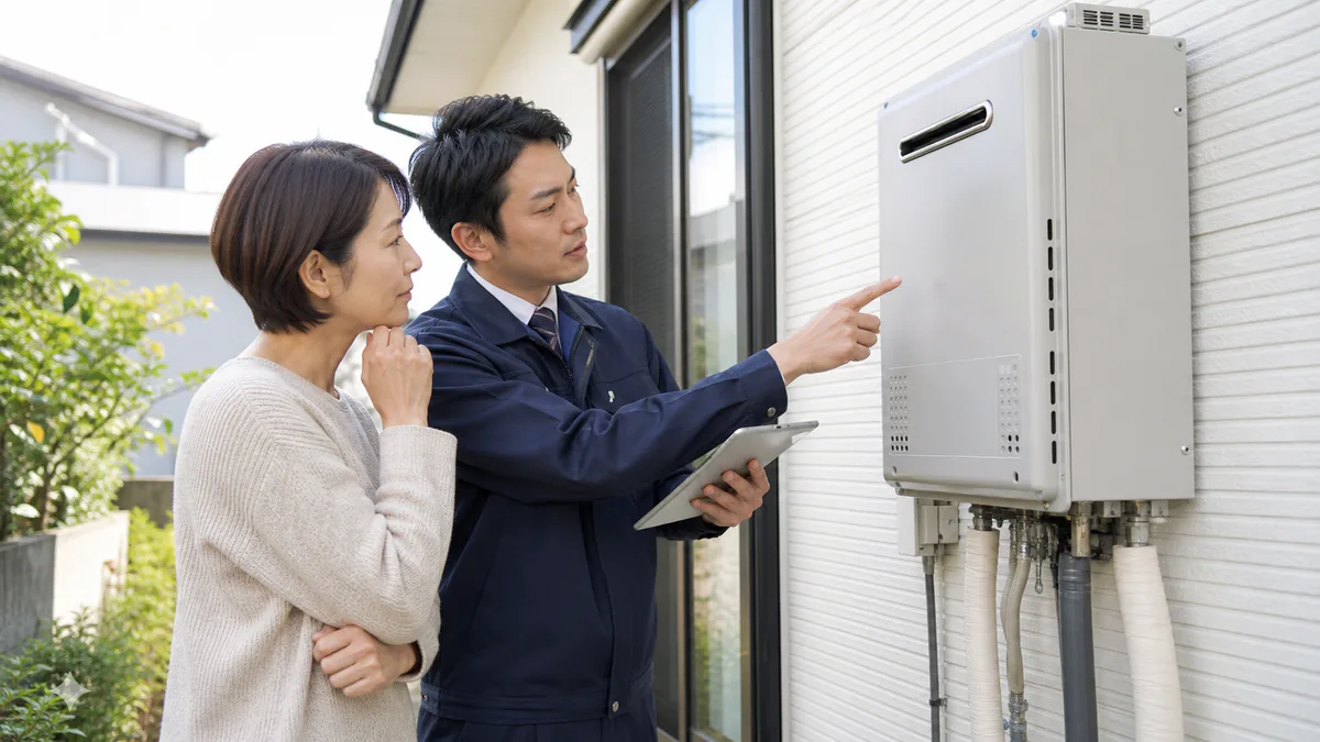給湯器の使用年数と故障サインを専門スタッフと確認する様子