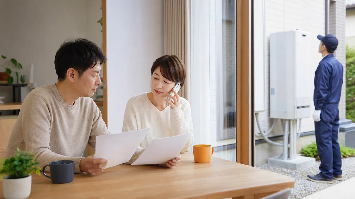 給湯器回収の見積書と会社情報を落ち着いて比較する様子