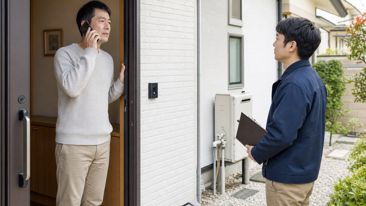 給湯器点検を名乗る訪問者を玄関先で待たせ、住人が公式窓口へ電話確認する様子