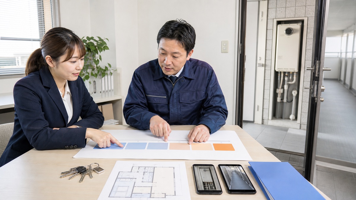 給湯器撤去の希望日から管理申請・現地確認・作業日を逆算する様子
