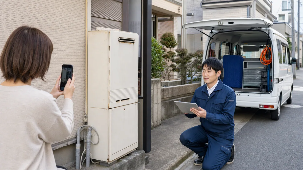 名古屋市の住宅で給湯器の処分方法を写真相談する様子
