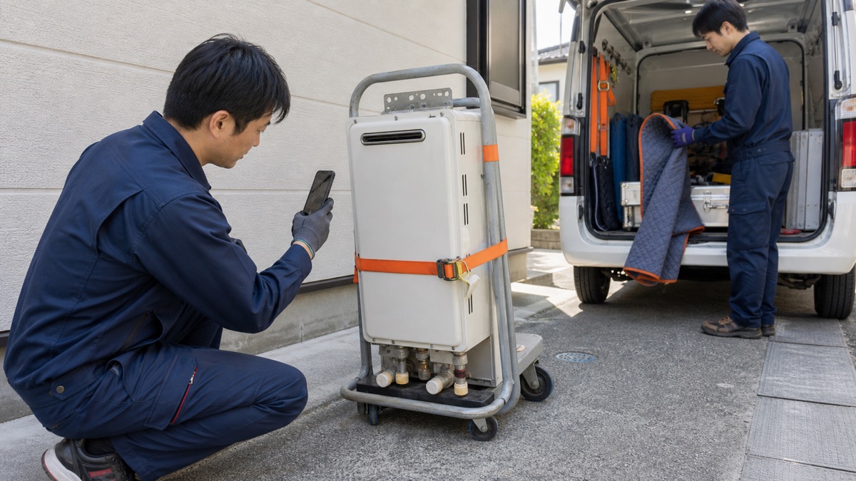 取り外し済み給湯器の状態と搬出準備を確認するスタッフ