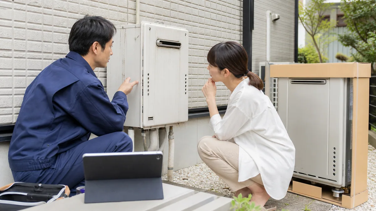 古い給湯器と交換予定機器を見ながら撤去時期を相談する様子