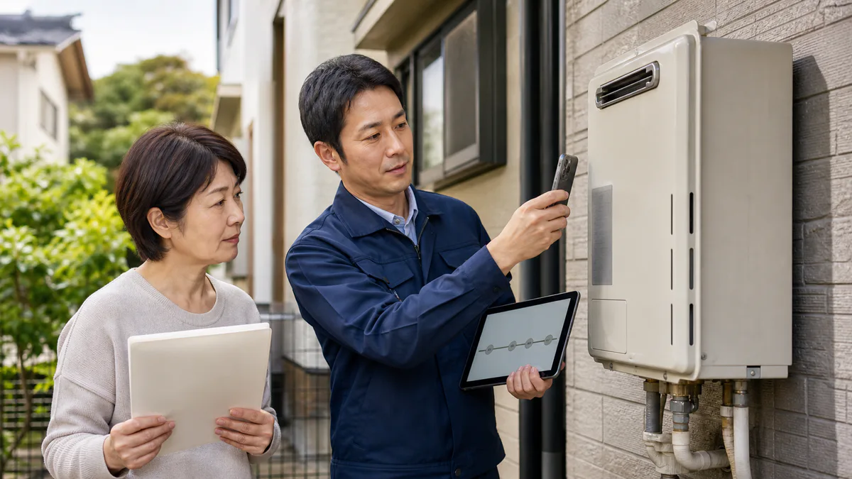 給湯器の銘板と設置年数をタブレットで確認する様子