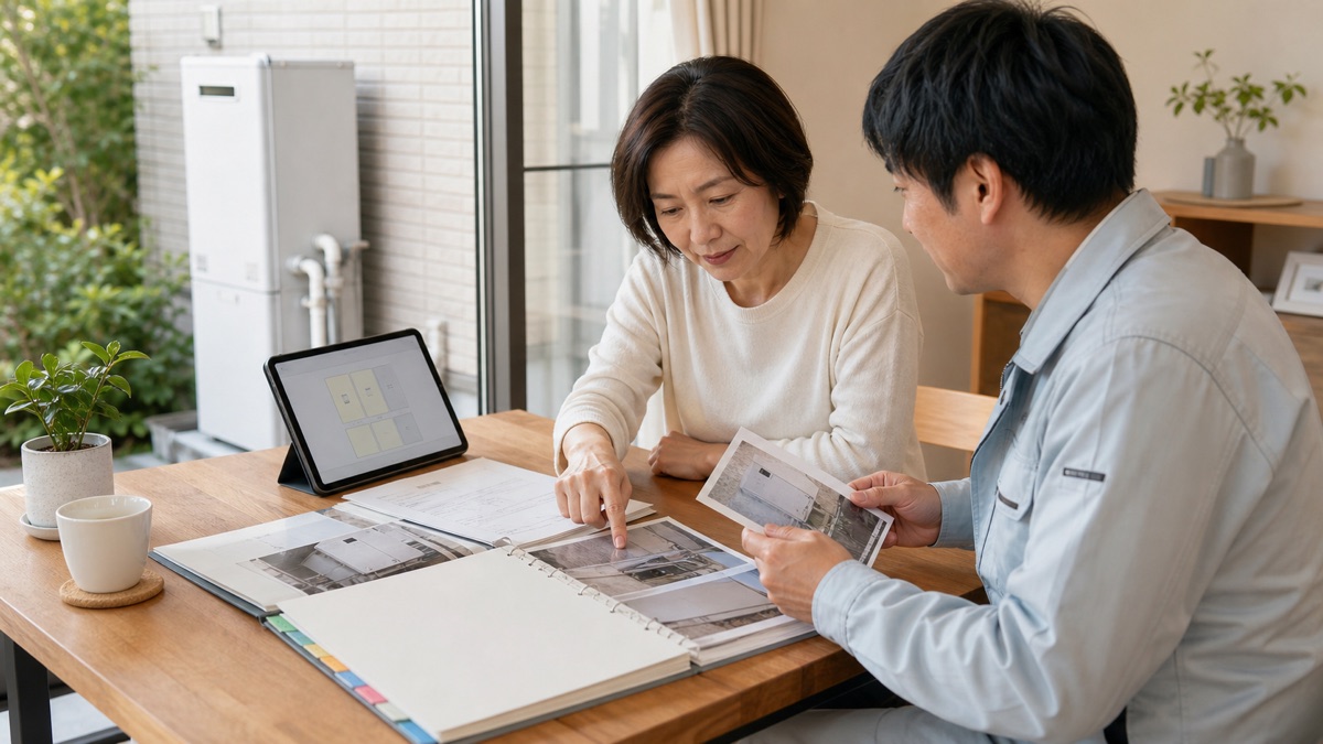 給湯器の銘板写真・設置記録・修理履歴を点検担当者と確認する様子