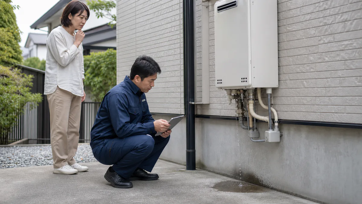 給湯器下部の水漏れを触らずに専門スタッフが確認する様子