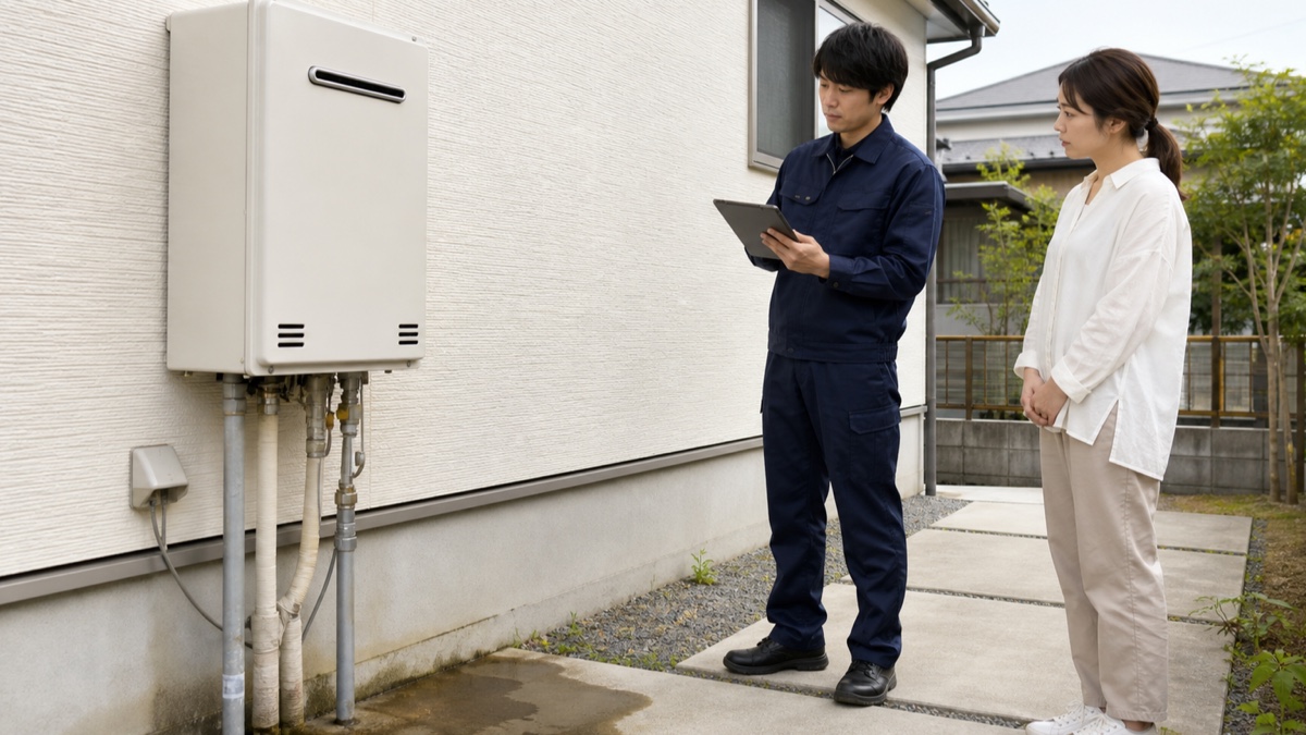 屋外給湯器の下にある水跡を、利用者と点検担当者が安全な距離から記録する様子
