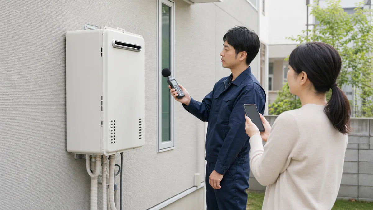 給湯器の異音を安全な距離から測定・確認する専門スタッフ