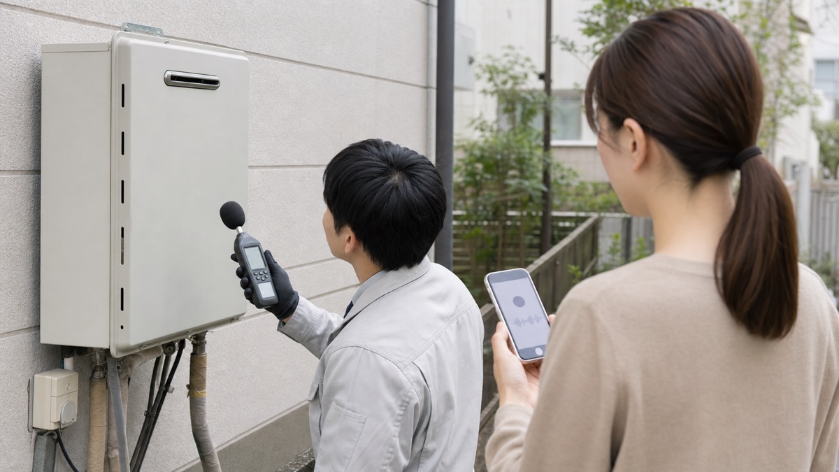 給湯器へ近づかず異音の発生状況を記録して点検担当者へ共有する様子