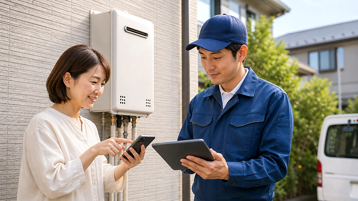 管理会社・不動産オーナーの給湯器処分|残置物・空室回収の給湯器確認イメージ