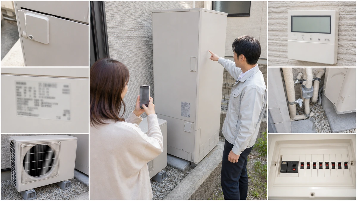 エコキュート本体と銘板や搬出経路を確認する様子