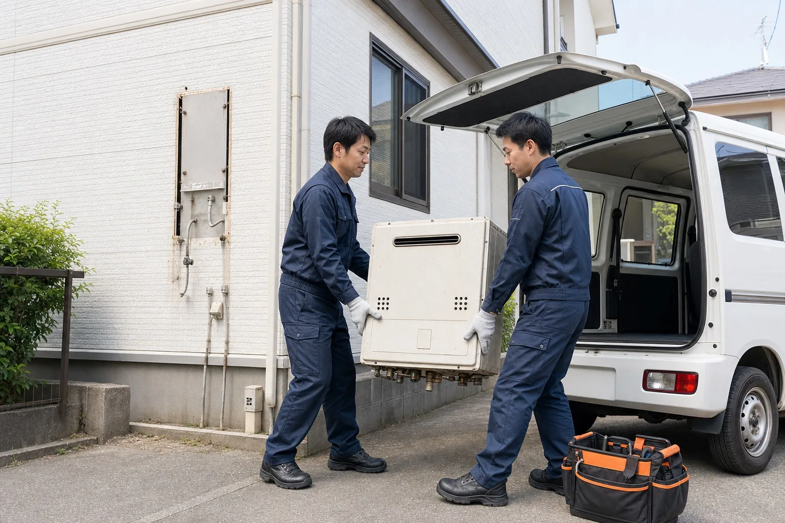 撤去した古い給湯器をスタッフ2名で回収車へ運ぶ様子